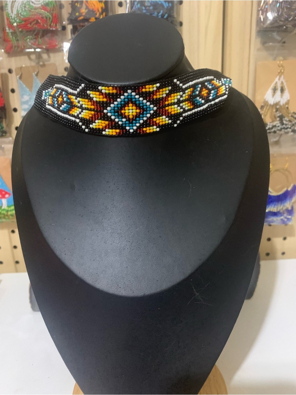 Handcrafted Black Beaded Choker Necklace with Turquoise & Amber Pattern